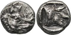 LYCIA. Uncertain. Trihemiobol (Circa 500-440 BC). Obv: Forepart of boar right. Rev: Forepart of man-headed bull right within incuse square. SNG von Aulock 4102 var. (boar and bull protomes left). Cond