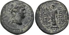 LYDIA. Hypaipa. Nero (54-68). Ae. Julios Hegesippos, magistrate. Obv: NEPΩN KAIΣAP. Laureate head right. Rev: YΠAI IOY ΓP HΓHΣIΠΠOΣ. Zeus standing left with thunderbolt and sceptre. RPC 2546. Conditio