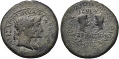 LYDIA. Magnesia ad Sipylum. Augustus (27 BC-AD 14). Ae. Obv: ΜΑΓΝΗΤΕΣ ΑΠΟ ΣΙΠΥΛΟΥ ΣΕΒΑΣΤΟΙ. Jugate heads of Augustus and Livia right. Rev: ΔΙΟΝΥΣΙΟΣ ΔΙΟΝΥΣΙΟΥ ΚΙΛΑΣ ΙΕΡΕΥΣ ΣΕΒΑΣΤΟΥ. Confronted heads o