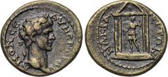 LYDIA. Nacrasa. Trajan (98-117). Ae. Obv: Laureate head right. Rev: NAKPACITΩN. Artemis standing facing, head left, within tetrastyle temple, holding bow and drawing arrow from quiver. SNG Copenhagen 