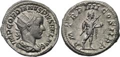 GORDIAN III (238-244). Antoninianus. Rome. Obv: IMP GORDIANVS PIVS FEL AVG. Radiate, draped and cuirassed bust right. Rev: P M TR P IIII COS II P P. Gordian advancing right in military dress, holding 