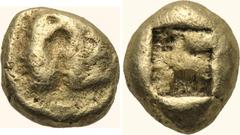 KINGS OF LYDIA. Alyattes (Circa 610-560 BC). EL Hemihekte / 1/12 Stater. Sardes. Obv: Head of roaring lion right. Rev: Square incuse punch. SNG Kayhan 1015; Weidauer 79-85. Condition: Fine. Weight: 1.
