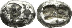 KINGS OF LYDIA. Kroisos (560-546 BC). 1/6 Stater. Sardes. Obv: Confronted foreparts of lion and bull. Rev: Two square punches. SNG Kayhan 1019. Condition: Fine. Weight: 1.6 g. Diameter: 11 mm.