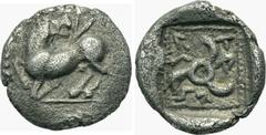 DYNASTS OF LYCIA. Wekhssere I (Circa 450-430). 1/6 Stater (?). Obv: Mule kneeling left, head turned back, letter (?) v above. Rev: Triskeles left within incuse square; lycian legend in fields between.