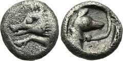 LYCIA. Uncertain. Hemiobol (Circa 450-400 BC). Obv: Forepart of boar left. Rev: Head and neck of leashed dog right, within incuse square. SNG Keckman II 349-351. Condition: Very fine. Weight: 0.4 g. D