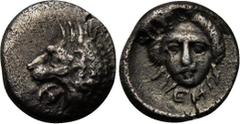 SATRAPS OF CARIA. Hekatomnos (392-376 BC). Tetartemorion. Mylasa. Obv: Head of roaring lion left. Rev: Head of Apollo facing slightly left. Klein 507. Condition: Extremely fine. Weight: 0.2 g. Diamete