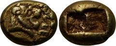 KINGS OF LYDIA. "Valvel". EL Hekte. Sardes. Obv: VALVEL. Confronted lion heads. Rev: Two incuse square punches. Weidauer 98. Condition: Good very fine. Weight: 2.3 g. Diameter: 10 mm.