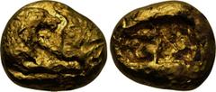 KINGS OF LYDIA. Kroisos (560-546 BC). GOLD Stater (Light Series). Obv: Confronted foreparts of bull right and lion left. Rev: Two square incuse punches. SNG von Aulock 2875. Condition: Near very fine.