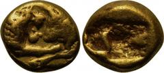 KINGS OF LYDIA. Kroisos (560-546 BC). GOLD 1/6 Stater. Sardes. Obv: Confronted foreparts of lion left and bull right. Rev: Two square punches. SNG Kayhan -, Berk 8. Condition: Very fine. Weight: 1.4 g