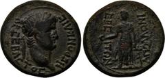 LYDIA. Apollonoshieron. Nero (54-68). Ae. Obv: NEP?N KAICAP C???C??C. Laureate head right. Rev: A??????????????. Apollo standing left with patera, resting on lyre. RPC 3045. Condition: Very fine. Weig