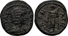 LYDIA. Bagis. Julia Domna (193-217). Ae. Obv: IOY?IA C?BAC. Draped bust right. Rev: BA?HN?N. Asklepios standing left, leaning on serpent-entwined staff. BMC 32 var. (Legend). Condition: Extremely fine