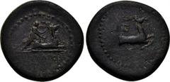 LYDIA. Hierocaesaraea. Pseudo-autonomous. Time of Nero (54-68). Ae. Obv: Artemis kneeling on back of stag right and grasping it on its antlers. Rev: IE. Forepart of stag right, monogram above. SNG v. 