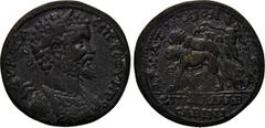 LYDIA. Maeonia. Septimius Severus (193-211). Ae. Obv: AV KAI ? CE? CEOVHPO. Laureate and cuirassed bust right. Rev: APX A TO B MAION?? / E?? ??M? ? CABINI. Dionysos standing left on biga drawn by two 