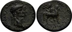 LYDIA. Mostene. Claudius, with Agrippina Minor (41-54). Ae. Obv: TI K?AY?ION KAICAPA ?EAN A??I??INAN. Jugate heads of Claudius and Agrippina right. Rev: E?I ?E?ANIOY KAICAPEWN MOCTHNWN. Heros on horse