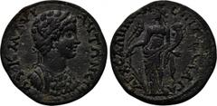 LYDIA. Sala. Caracalla (197-209). Ae. Obv: AY K M AVP ANTONEINOC. Laureate and cuirassed bust right. Rev: E?? CY????? APX CA?HN??. Tyche standing left, holding rudder, two corn ears and cornucopia. Is