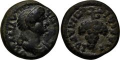 LYDIA. Philadelphia. Domitia (82-96). Ae. Lagetas, magistrate. Obv: ?OMITIA AY???C??. Draped bust right. Rev: E?? ????T ?????????. Bunch of grapes. RPC 1336. Condition: Very fine. Weight: 2.4 g. Diame