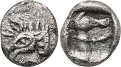 LYCIA. Uncertain. Hemiobol (Circa 450-400 BC). Obv: Forepart of boar left. Rev: Head and neck of leashed dog right, within incuse square. SNG Keckman II 349-351. Condition: Extremely fine. Weight: 0.3