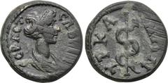 LYDIA. Hyrcanis. Sabina (Augusta, 128-137). Ae. Obv: CABINA CEBACT. Draped bust right. Rev: YPKANΩN. Serpent-entwined staff. BMC 15. Condition: Very fine. Weight: 2.47 g. Diameter: 15 mm.