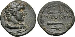 LYDIA. Maeonia. Pseudo-autonomous. Time of Hadrian (117-138). Ae. Obv: Laureate head of Herakles right, lion's skin tied around neck. Rev: MAIONΩN. Bow in bow-case and club, bee in field below. SNG vo