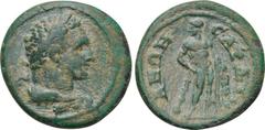 LYDIA. Sardes. Pseudo-autonomous. Ae (2nd-3rd centuries AD). Obv: Laureate head of Herakles right, lion's skin tied around neck. Rev: CAPΔIANΩN. Herakles standing right, holding lion's skin and restin