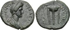 LYDIA. Thyateira. Domitia (Augusta, 81-96). Ae. Obv: Draped bust right. Rev: ΘYATEIPHNΩN. Tripod. RPC 945. Condition: Good very fine. Weight: 2.87 g. Diameter: 18 mm.