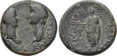 LYDIA. Tralleis. Claudius (41-54). Ae. Obv: TI KΛAY KAI CEBAC. Confronted busts of Messalina and Claudius. Rev: BRETANNIKOΣ KAIΣAREΩN. Britannicus, togate, standing left, holding grain ears. RPC 2654.