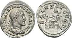 MAXIMINUS THRAX (235-238). Denarius. Rome. Obv: IMP MAXIMINVS PIVS AVG. Laureate, draped and cuirassed bust right. Rev: SALVS AVGVSTI. Salus seated left with patera, feeding snake coiled around altar.