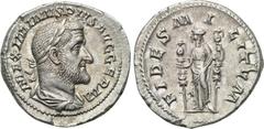MAXIMINUS THRAX (235-238). Denarius. Rome. Obv: MAXIMINVS PIVS AVG GERM. Laureate, draped and cuirassed bust right. Rev: FIDES MILITVM. Fides standing facing, head left, holding standard in each hand.
