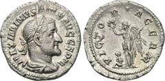 MAXIMINUS THRAX (235-238). Denarius. Rome. Obv: MAXIMINVS PIVS AVG GERM. Laureate, draped and cuirassed bust right. Rev: VICTORIA GERM. Victory standing left with palm branch and wreath; seated captiv