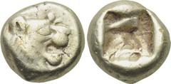 KINGS OF LYDIA. Time of Alyattes-Kroisos (Circa 610-546 BC). EL Hemihekte. Sardes. Obv: Head of roaring lion right, star on forehead. Rev: Incuse square punch. Weidauer 90; Rosen 654; SNG Kayhan 1015.