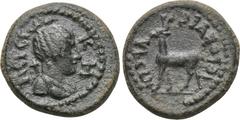 LYDIA. Hierocaesaraea. Pseudo-autonomous. Ae (Mid 1st-mid 2nd century AD). Obv: ΠEPCIKH. Draped bust of Artemis right, bow and quiver over shoulder. Rev: IEPOKAICAPEΩN. Stag standing left. BMC 5. Cond