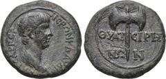 LYDIA. Thyateira. Nero (Caesar, 50-54). Ae. Obv: NEΡΩN KΛAYΔIOC KAICAP ΓEP. Draped bust right. Rev: ΘYATEIPHNΩN. Labrys. RPC 2381. Condition: Very fine. Weight: 3.21 g. Diameter: 18 mm.