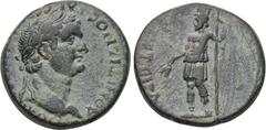 LYDIA. Thyateira. Domitian (81-96). Ae. Obv: ΔOMITIANOC KAI CE ΓEPMANIKOC. Laureate head right. Rev: ΘYATEIPA. Tyche standing left, wearing mural crown, staff and grain ears. RPC 943. Condition: Very 