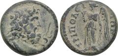 LYDIA. Tripolis. Pseudo-autonomous. Ae (3rd century AD). Obv: Head of Asklepios right, serpent-entwined staff in front. Rev: ΤΡΙΠΟΛΕΙΤΩΝ. Winged Nemesis standing left, holding bridle and pulling veil.