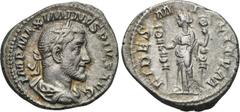 MAXIMINUS THRAX (235-238). Denarius. Rome. Obv: IMP MAXIMINVS PIVS AVG. Laureate, draped and cuirassed bust right. Rev: FIDES MILITVM. Fides standing facing, head left, holding two standards. RIC 7a. 