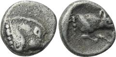 DYNASTS OF LYCIA. Uncertain dynast. Hemiobol (Circa 480-430 BC). Obv: Forepart of boar right. Rev: Forepart of hound right. SNG Kayhan 987 (uncertain mint in Caria); Klein -; Rosen 405 (uncertain mint