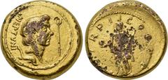 ROMAN EMPIRE. Fourrée Aureus. Hybrid of Sextus Pompey and Gordianus III (?). Obv: NEPTVNI. Bare head of Pompey the Great; below, dolphin right; in field right, trident. Rev: P M TR P II COS P P. Provi