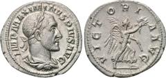 MAXIMINUS THRAX (235-238). Denarius. Rome. Obv: IMP MAXIMINVS PIVS AVG. Laureate, draped and cuirassed bust right. Rev: VICTORIA AVG. Victory advancing right, holding palm branch and wreath. RIC 16. C