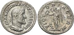 MAXIMINUS THRAX (235-238). Denarius. Rome. Obv: MAXIMINVS PIVS AVG GERM. Laureate, draped and cuirassed bust right. Rev: VICTORIA GERM. Victory standing left with palm branch and wreath; seated captiv