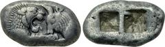 KINGS OF LYDIA. Kroisos (560-546 BC). Double Siglos. Sardes. Obv: Confronted foreparts of lion and bull. Rev: Double incuse square punch. SNG Kayhan 1018. Condition: Good very fine. Weight: 10.53 g. D