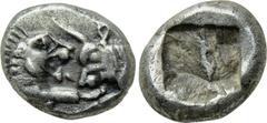 KINGS OF LYDIA. Kroisos (560-546 BC). 1/12 Stater. Sardes. Obv: Confronted foreparts of lion and bull. Rev: Double incuse square punch. SNG Kayhan 1020. Condition: Very fine. Weight: 0.85 g. Diameter: