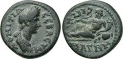LYDIA. Magnesia ad Sipylum. Domitia (81-96). Ae. Obv: ΔOMITIA CEBACTH. Draped bust right. Rev: MAΓΝH CIΠΥ. River-god Sipylos reclining left, holding branch and resting on inverted vase from which wate