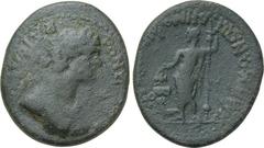 LYDIA. Silandos. Domitian (81-96). Ae. Obv: ΔΟΜΙΤΙΑΝΟC KAICAP. Laureate and draped bust right. Rev: ΕΠΙ ΔΕΜΟΦΙΛΟΥ CTPA TO B CIΛANΔΕΩΝ. Dionysos standing left, holding thyrsos and pouring wine out of k
