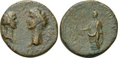 LYDIA. Tralleis. Claudius (41-54). Ae. Obv: TI KΛAY KAI CEBAC. Confronted busts of Messalina and Claudius. Rev: BRETANNIKOΣ KAIΣAREΩN. Britannicus, togate, standing left, holding grain ears. RPC 2654.