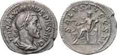 MAXIMINUS THRAX (235-238). Denarius. Rome. Obv: IMP MAXIMINVS PIVS AVG. Laureate, draped and cuirassed bust right. Rev: SALVS AVGVSTI. Salus seated left with patera, feeding snake coiled around altar.