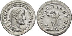 MAXIMINUS THRAX (235-238). Denarius. Rome. Obv: MAXIMINVS PIVS AVG GERM. Laureate, draped and cuirassed bust right. Rev: VICTORIA GERM. Victory standing left, holding palm branch and wreath; seated ca