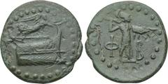 LYCIA. Phaselis. Ae (Circa 190-167 BC). Obv: Prow of galley right; above, Nike flying right, holding wreath. Rev: Φ - B. Athena standing right, holding spear and shield. SNG Copenhagen 126. Condition: