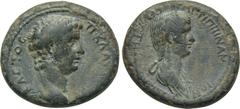 LYDIA. Thyateira. Claudius, with Agrippina Minor (41-54). Ae. Obv: ΤΙ ΚΛΑΥΔΙΟΣ ΚΑΙΣΑΡ ΣΕΒΑΣΤΟΣ. Bare head of Claudius right. Rev: ΑΓΡΙΠΠΙΝΑΝ / ΣΕΒΑΣΤΗΝ ΘΥΑΤΙΡΗΝΟΙ. Draped bust of Agrippina right. RPC 