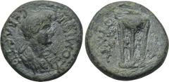 LYDIA. Thyateira. Domitia (Augusta, 81-96). Ae. Obv: Draped bust right. Rev: ΘYATEIPHNΩN. Tripod. RPC 945. Condition: Very fine. Weight: 2.88 g. Diameter: 16 mm.