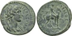 LYDIA. Thyateira. Pseudo-autonomous. Time of Trajan to Hadrian (98-138). Ae. Obv: IEPA CVNKΛHTOC. Draped bust of the Senate right. Rev: TYPIMNOC ΘYA. Tyrimnos on horseback right, holding double axe. I